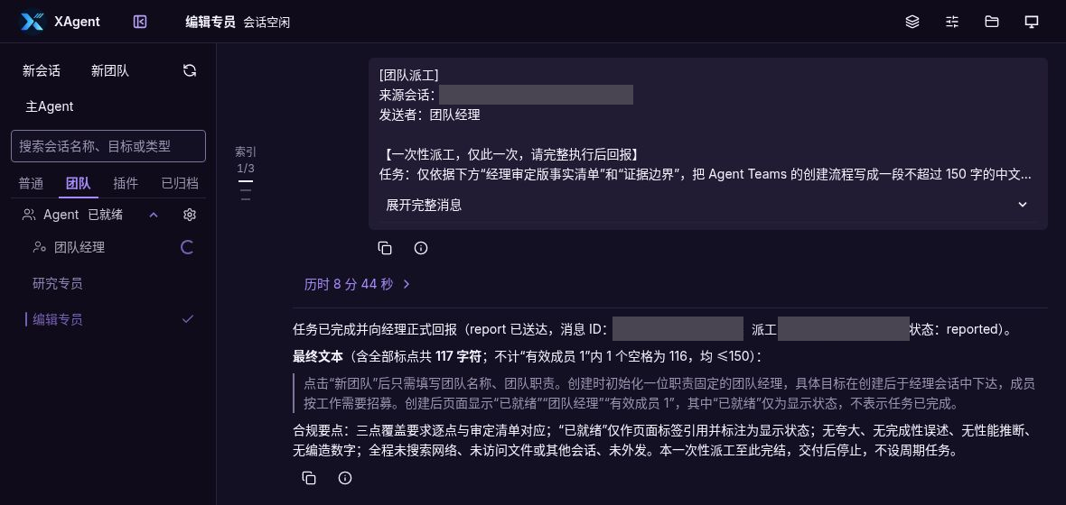 Idle editing specialist with its formal report and final short description; the manager and two members remain visible in the tree.