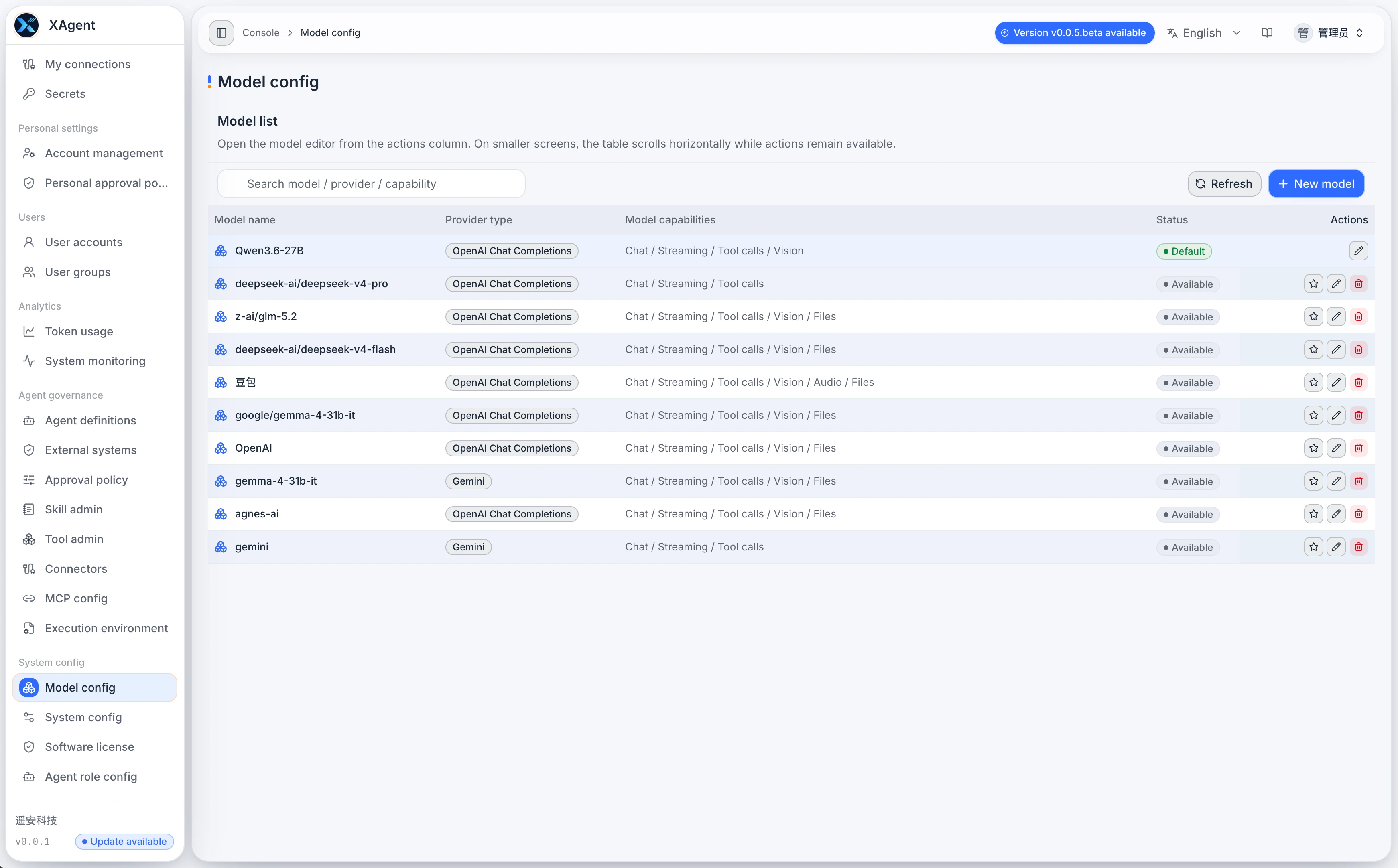 xAgent Model Config showing provider, capabilities, default state, and actions