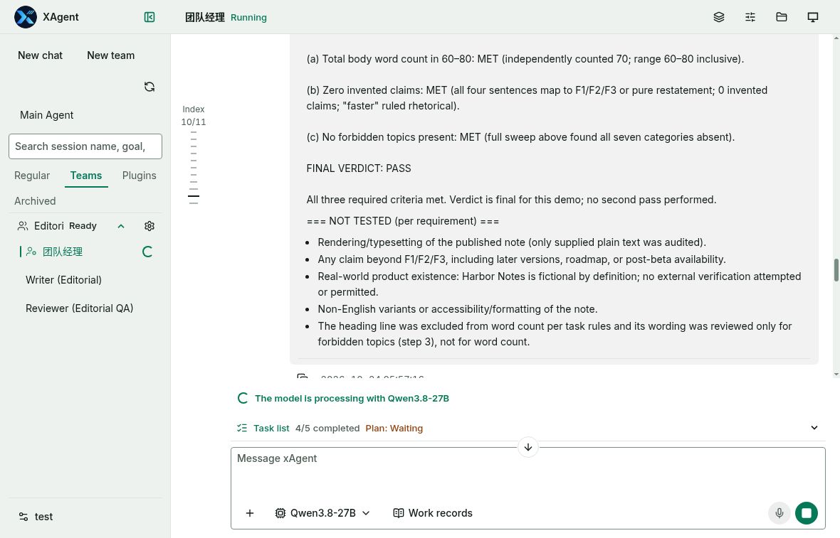 Reviewer report declaring PASS and zero invented claims, followed by its list of items not tested.