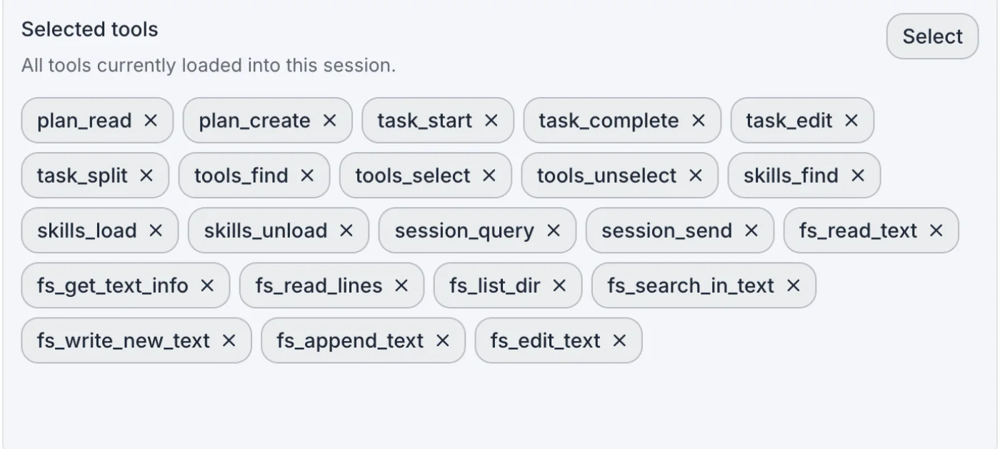 xAgent runtime settings show the planning, discovery, Session, and file tools loaded after orchestration